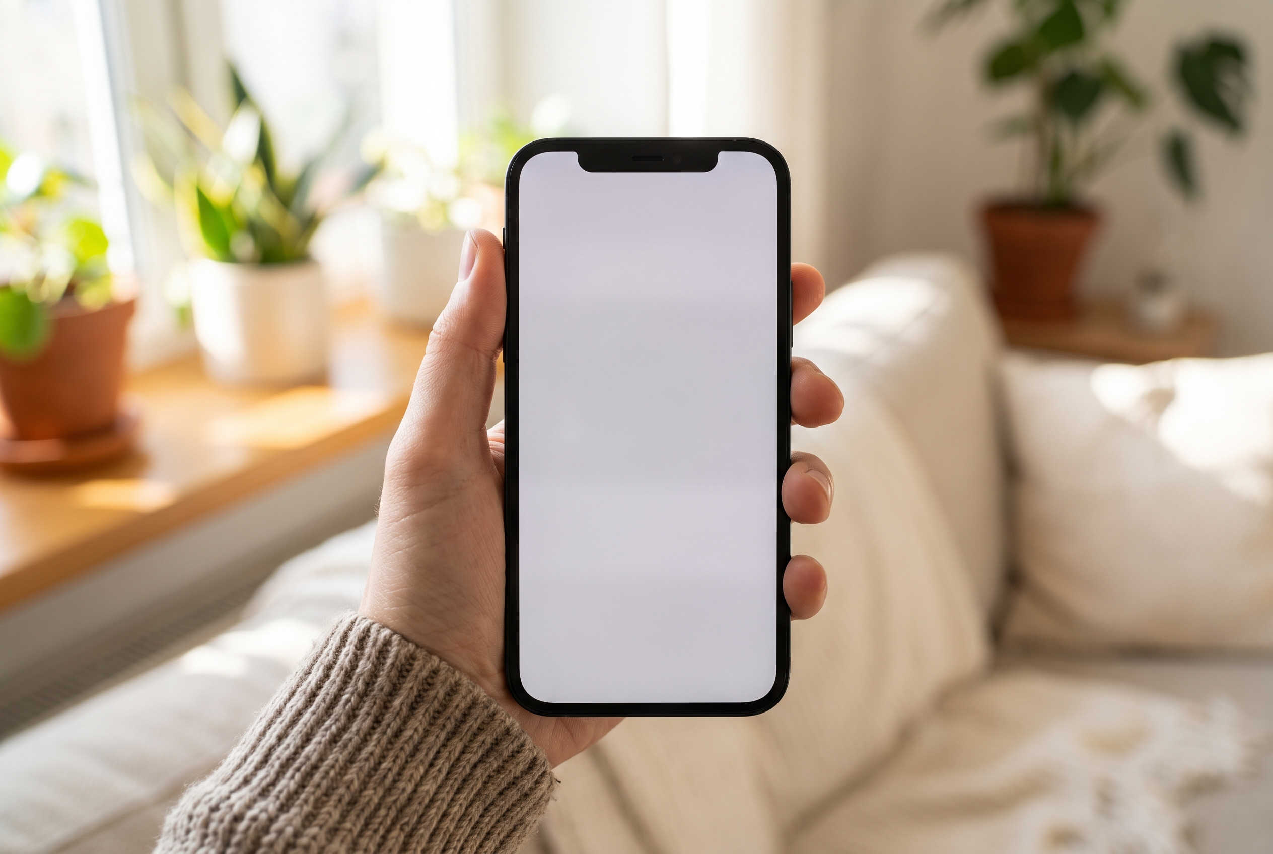 A phone in hand at home, showing a referral QR code